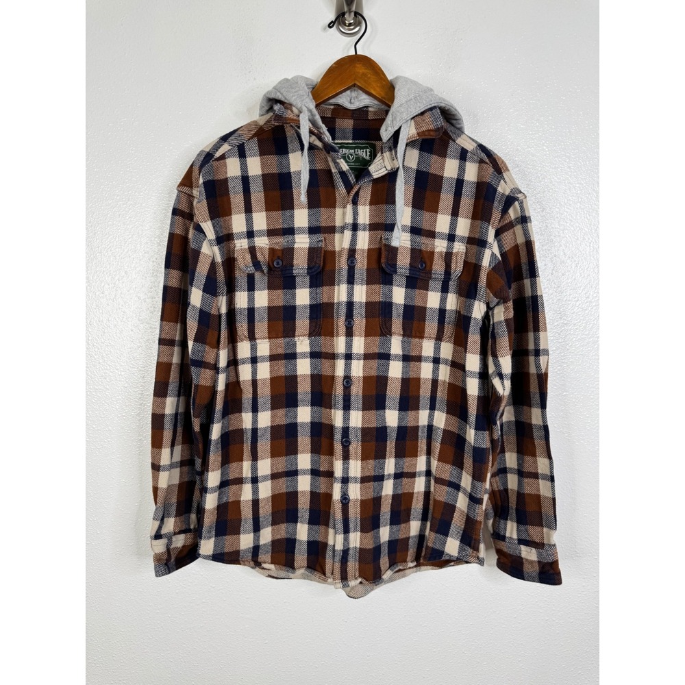 American Eagle Mens Plaid Hooded Flannel Shirt Brown Navy Blue Small